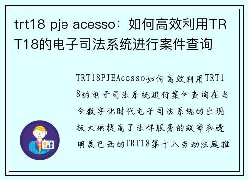 trt18 pje acesso：如何高效利用TRT18的电子司法系统进行案件查询